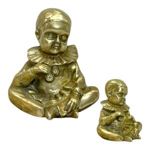 Vintage 70s Creepy Brass Baby Clown Figurine Tabletop Art Decor Harlequin 5”